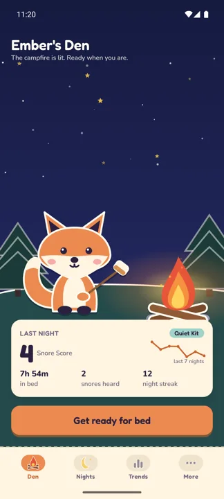 Ember's Den home screen showing last night's snore score