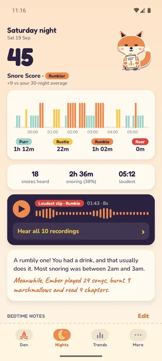 SnoreFox morning report with the Snore Score and timeline